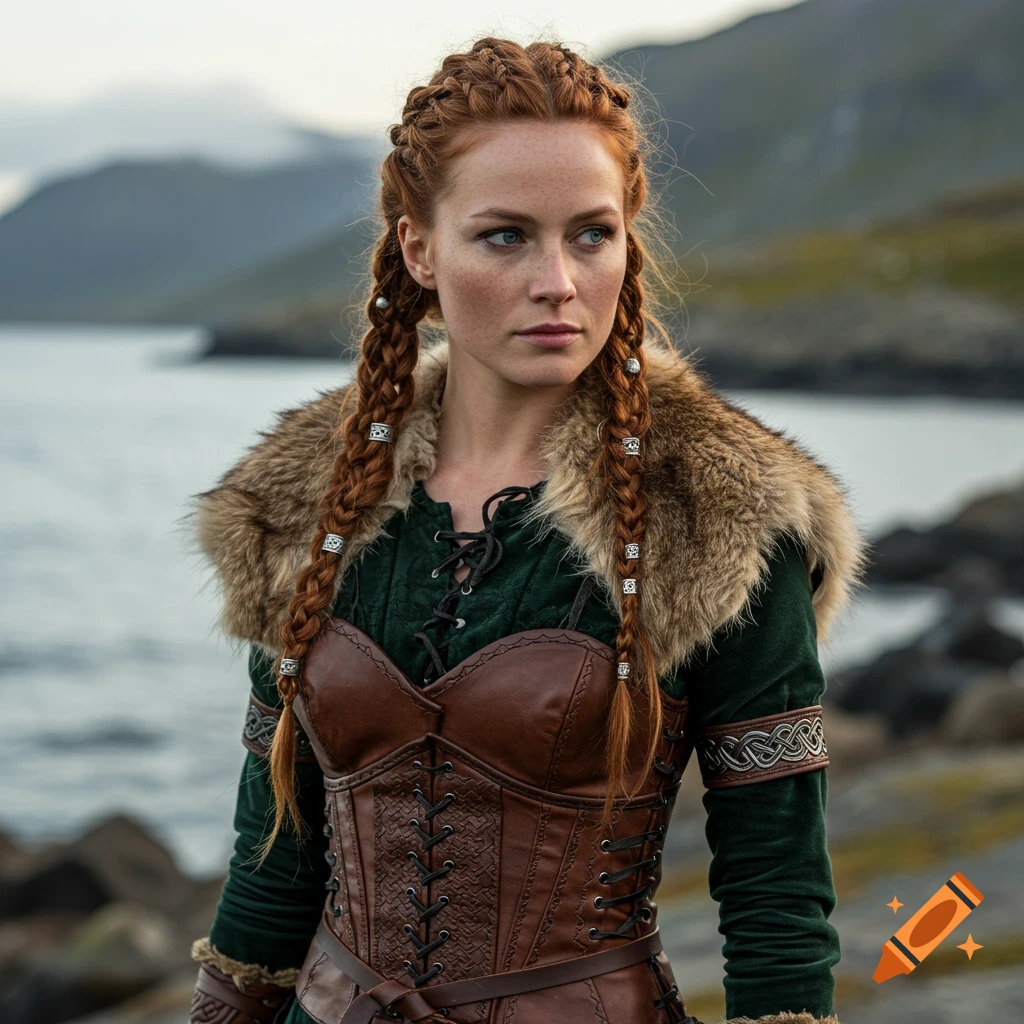 A woman with red braided hair, wearing a fur-collared green tunic and brown corset, looks right against a cloudy coastal landscape.