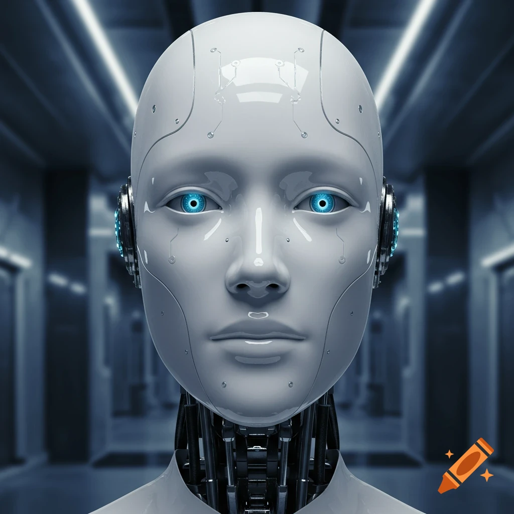 Close-up of a white, ceramic-skinned humanoid robot face with bright blue eyes in a futuristic setting.