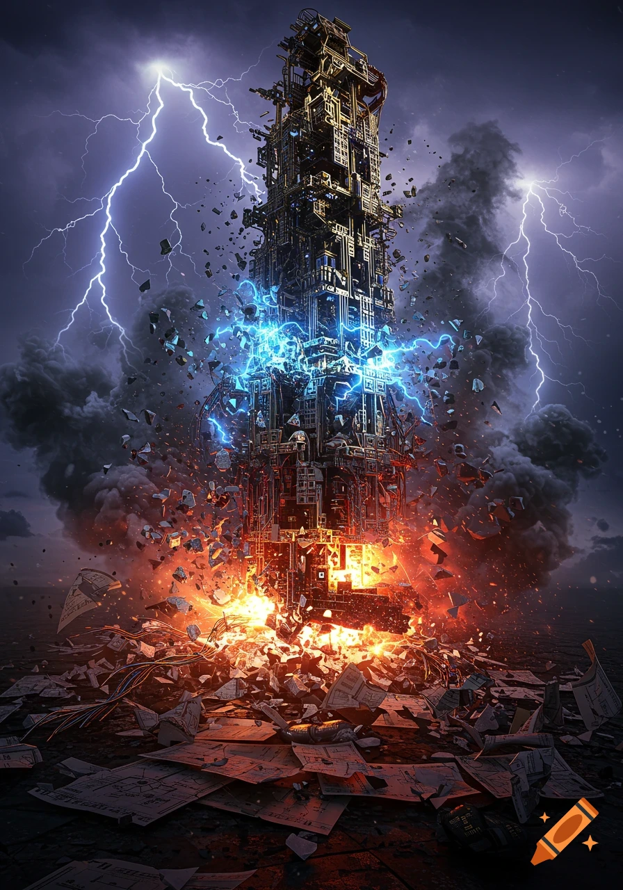 A towering, intricate structure explodes with blue electricity and orange fire, amidst lightning and stormy skies, with debris scattering.