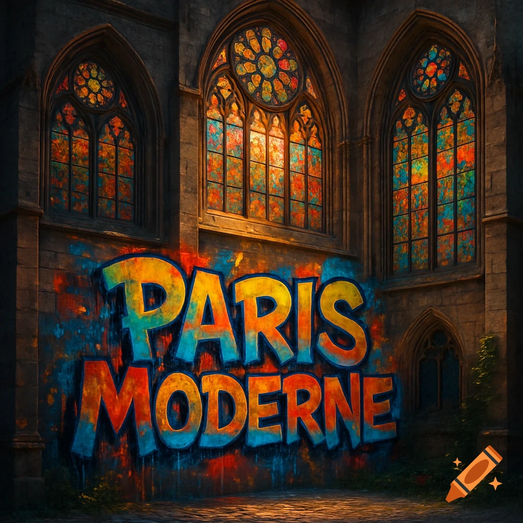 Colorful 'PARIS MODERNE' graffiti on an old stone church wall with vibrant stained glass windows.