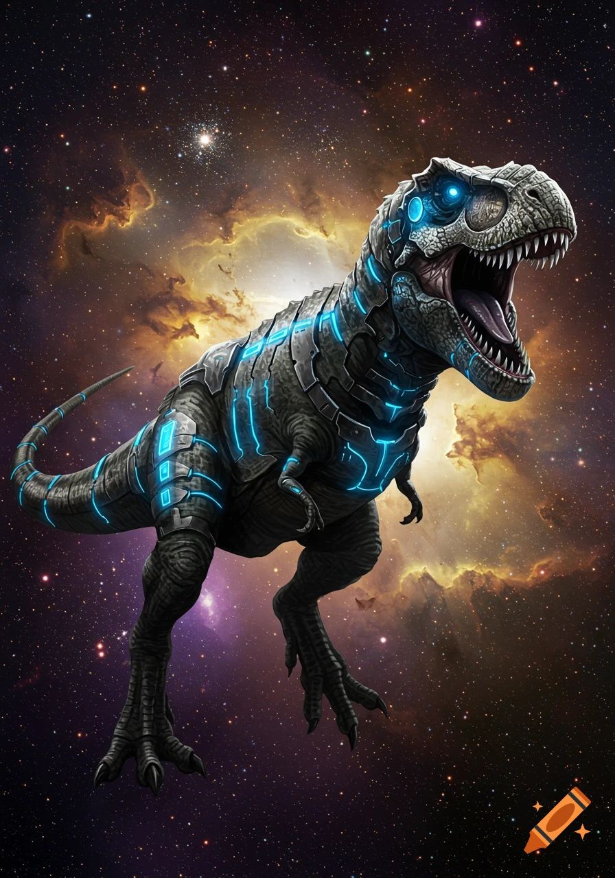A cybernetic T-Rex with glowing blue patterns roars in the vastness of space, surrounded by stars and colorful nebulae.