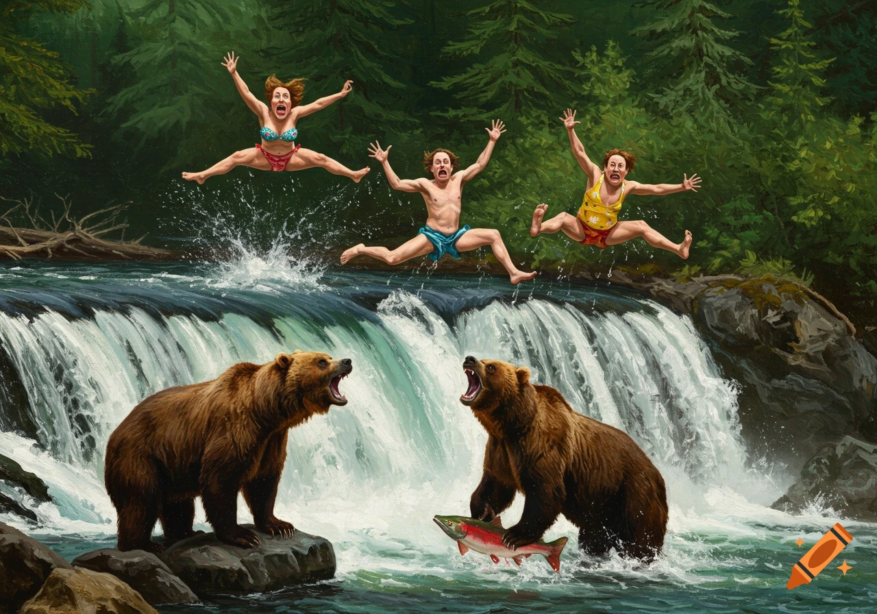 Painterly, surreal scene of three panicked tourists in swimsuits leaping over a waterfall, while two grizzly bears below roar and catch salmon.