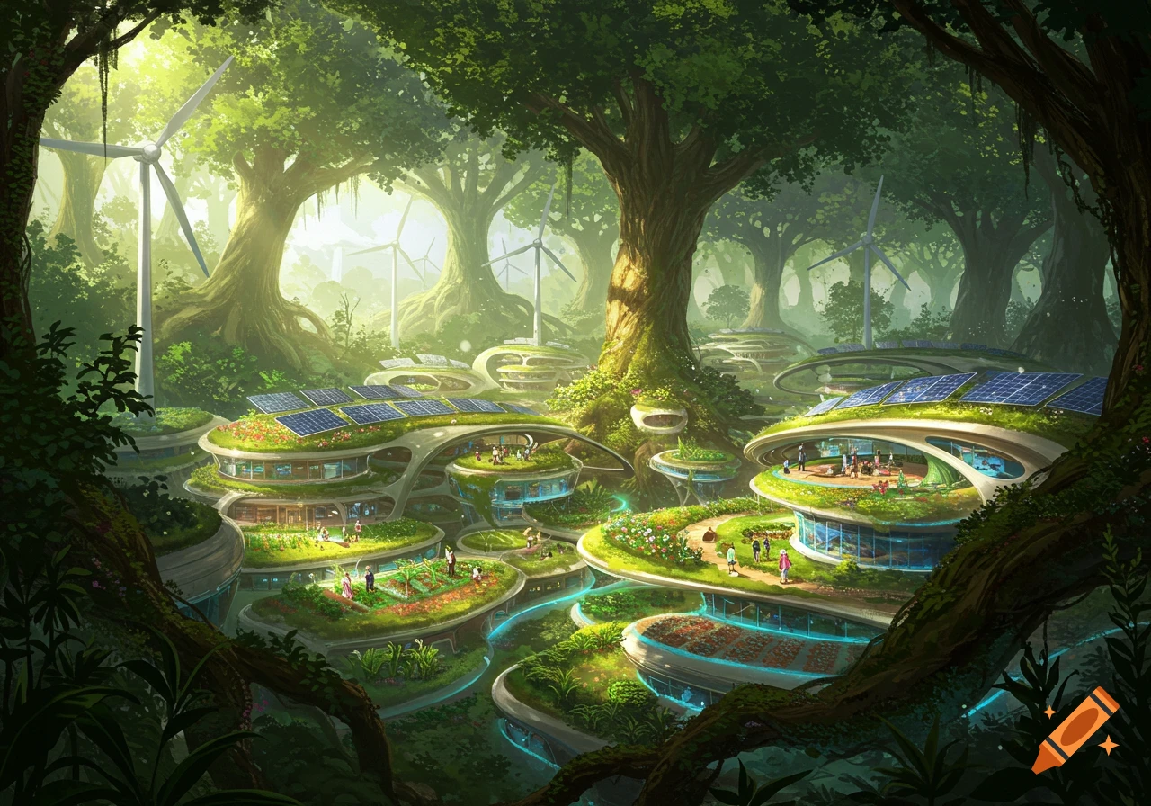 A vibrant solarpunk village in a lush forest with futuristic buildings, solar panels, green roofs, and wind turbines.