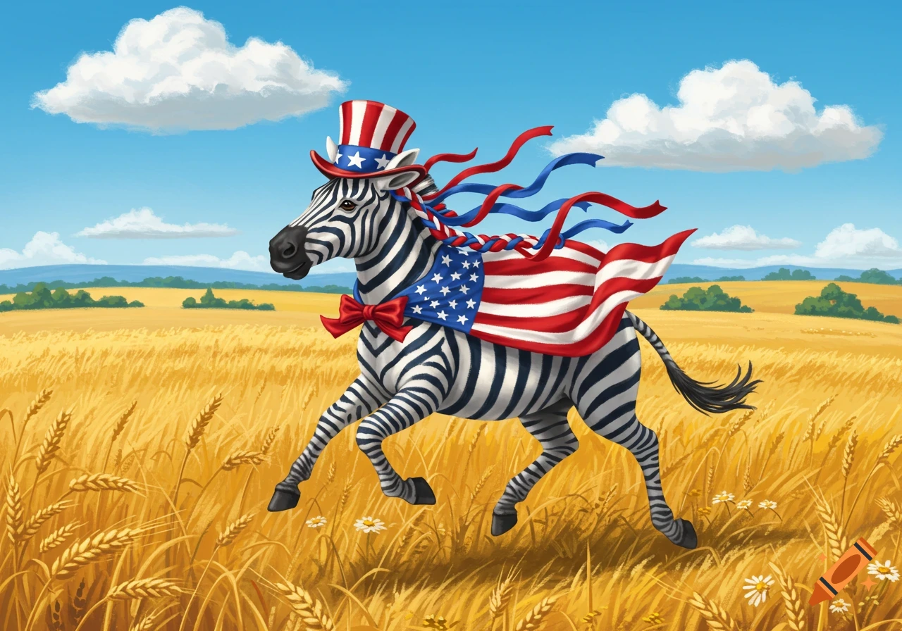 An illustrated zebra with an Uncle Sam hat and a US flag cape runs through a golden wheat field.