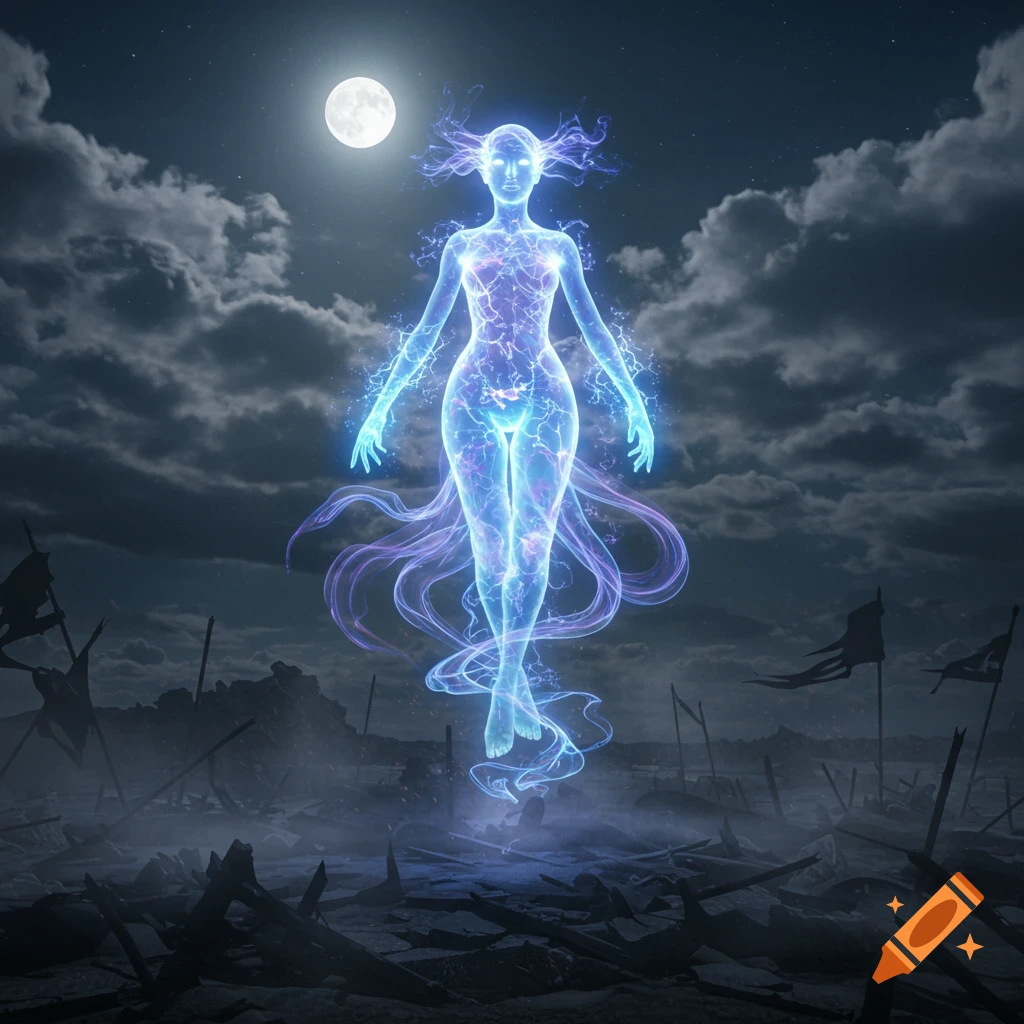A glowing blue and purple female wraith hovers over a dark, debris-filled landscape under a full moon at night.