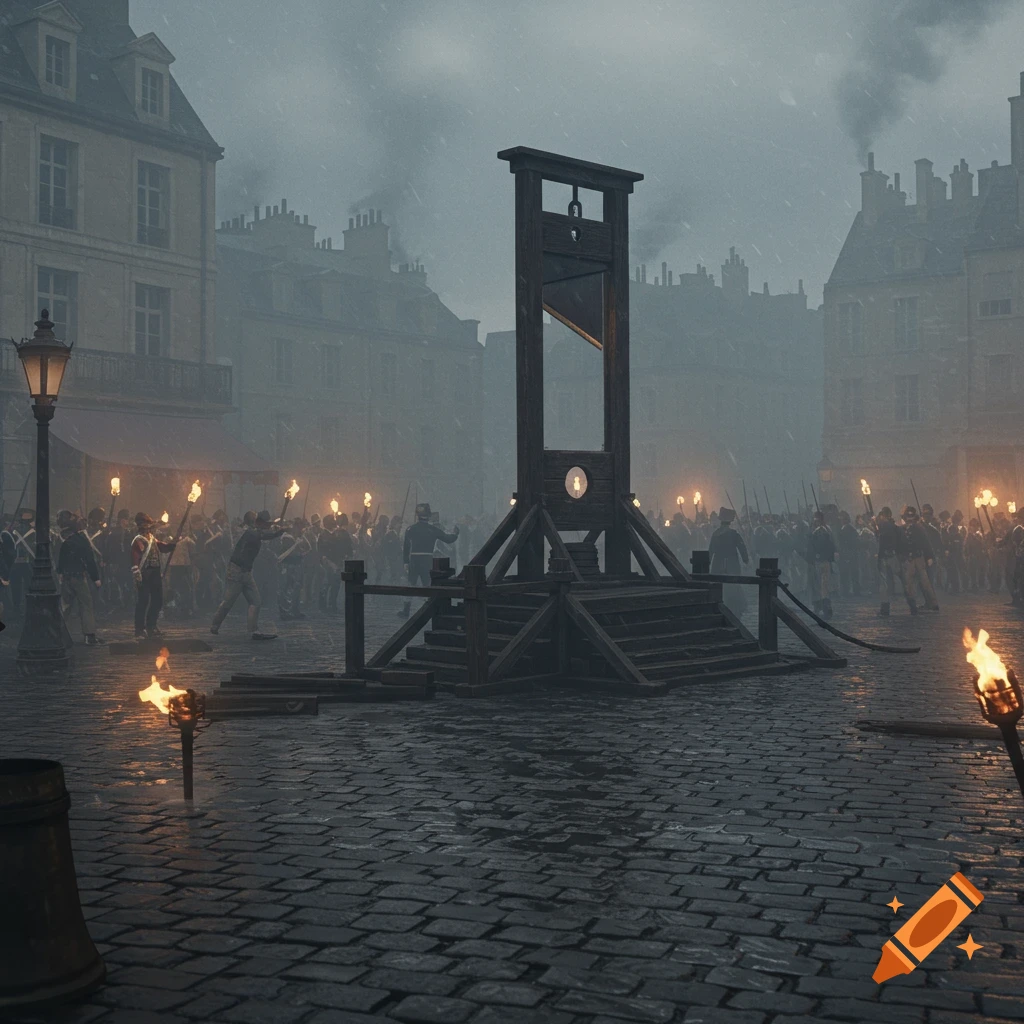 A large wooden guillotine in a misty, cobblestone city square surrounded by a torch-lit crowd, evoking the French Revolution.