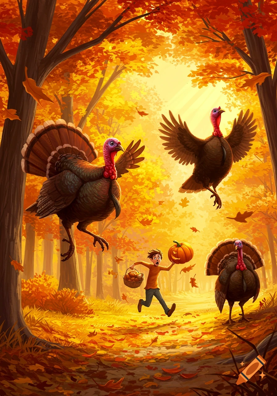 A scared person runs through an autumn forest, holding a pumpkin and a basket, while being chased by two flying turkeys and one standing turkey.