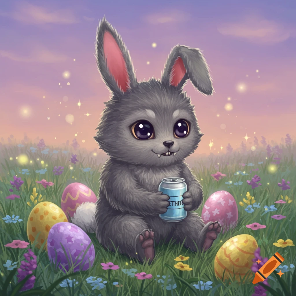 A cute, fluffy gray bunny-like creature with large eyes sits in a field of colorful flowers and Easter eggs, holding a light blue can labeled 'ETHER' at sunset.