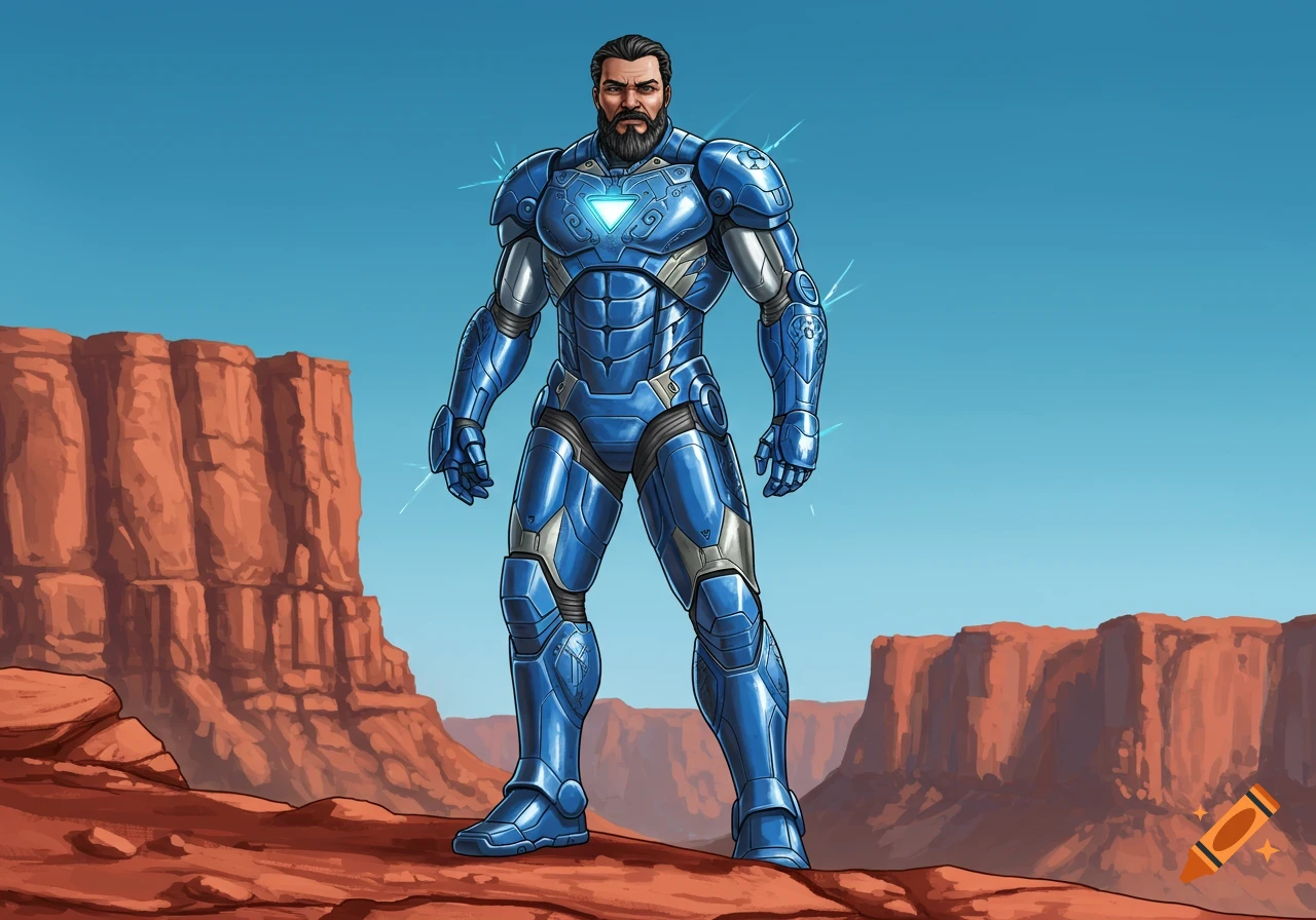 Bearded man in blue sci-fi armor stands in a desert with red rock formations, in a comic book illustration style.