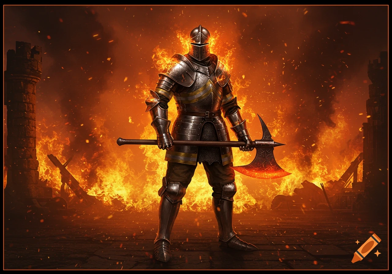 A knight in shining armor stands engulfed in flames within a ruined castle, holding a fiery axe.