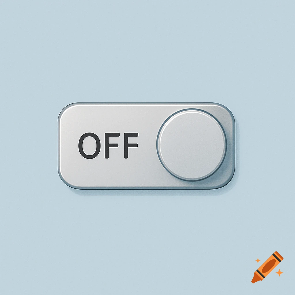 A silver toggle switch with the word OFF on it, set against a light blue background.