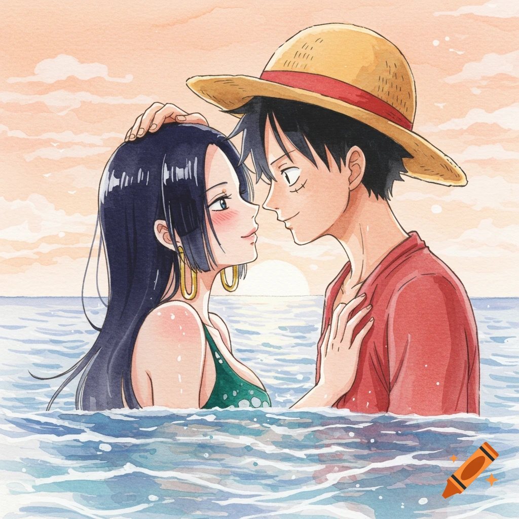 Watercolor painting of anime couple Luffy and Hancock in the ocean at sunset.