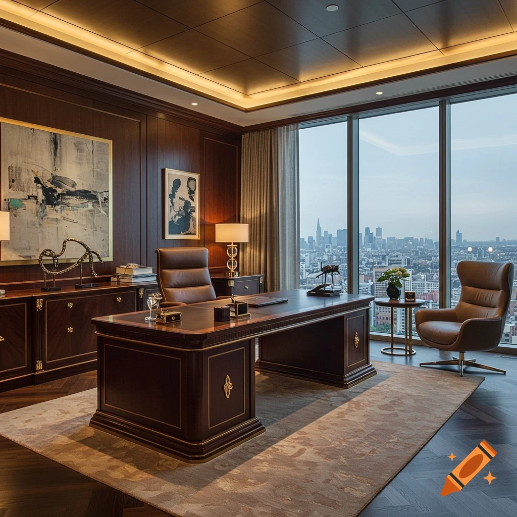 Luxurious photorealistic office with dark wood, leather furniture, modern art, and a large window overlooking a city skyline at dusk.