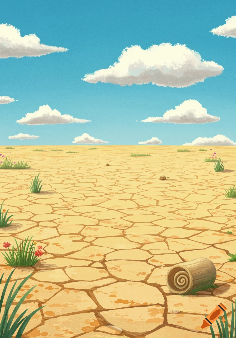 A cartoonish barren desert landscape with cracked dry earth, sparse green tufts of grass, a rolled log, and a light blue sky with white clouds.