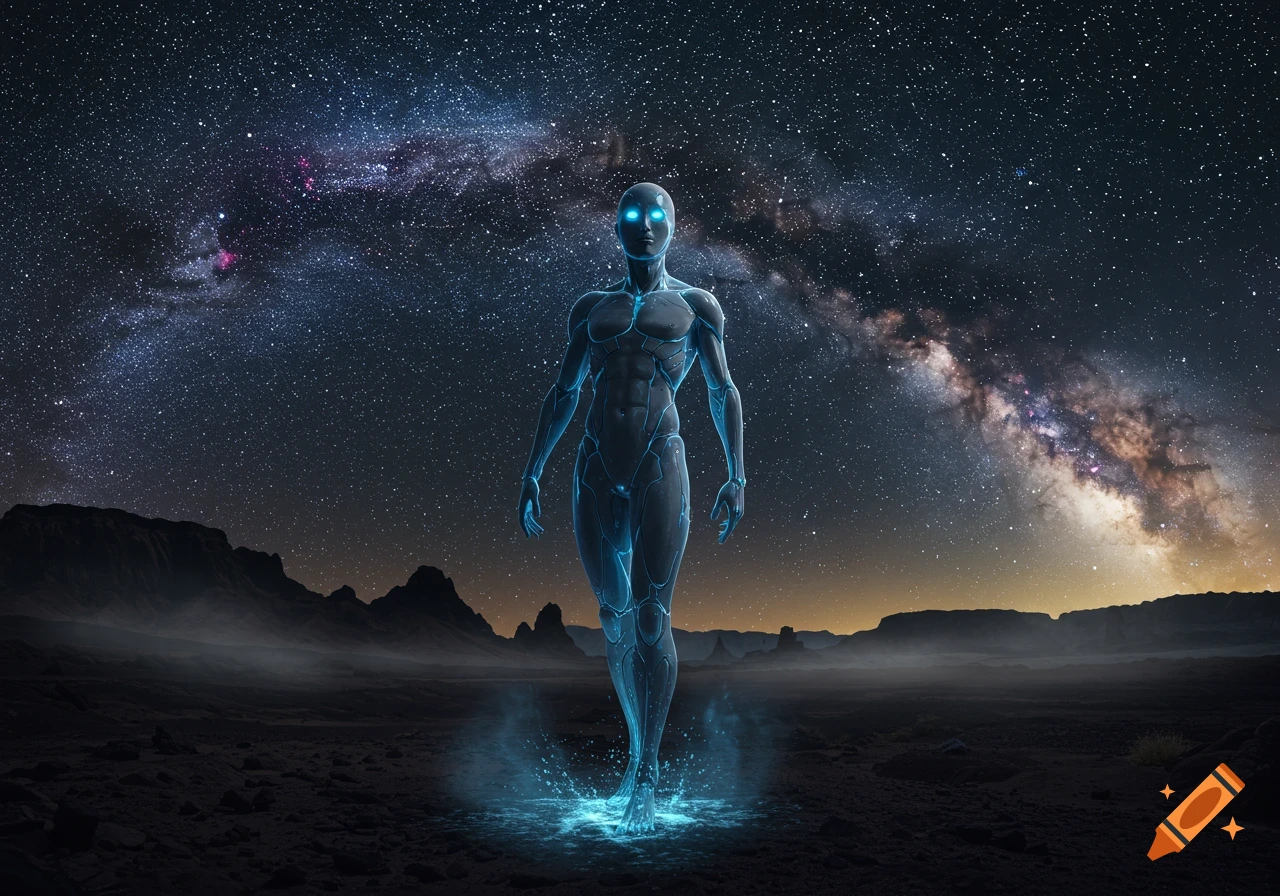 A glowing blue humanoid figure stands on a dark, rocky alien planet under a vibrant starry night sky and Milky Way.