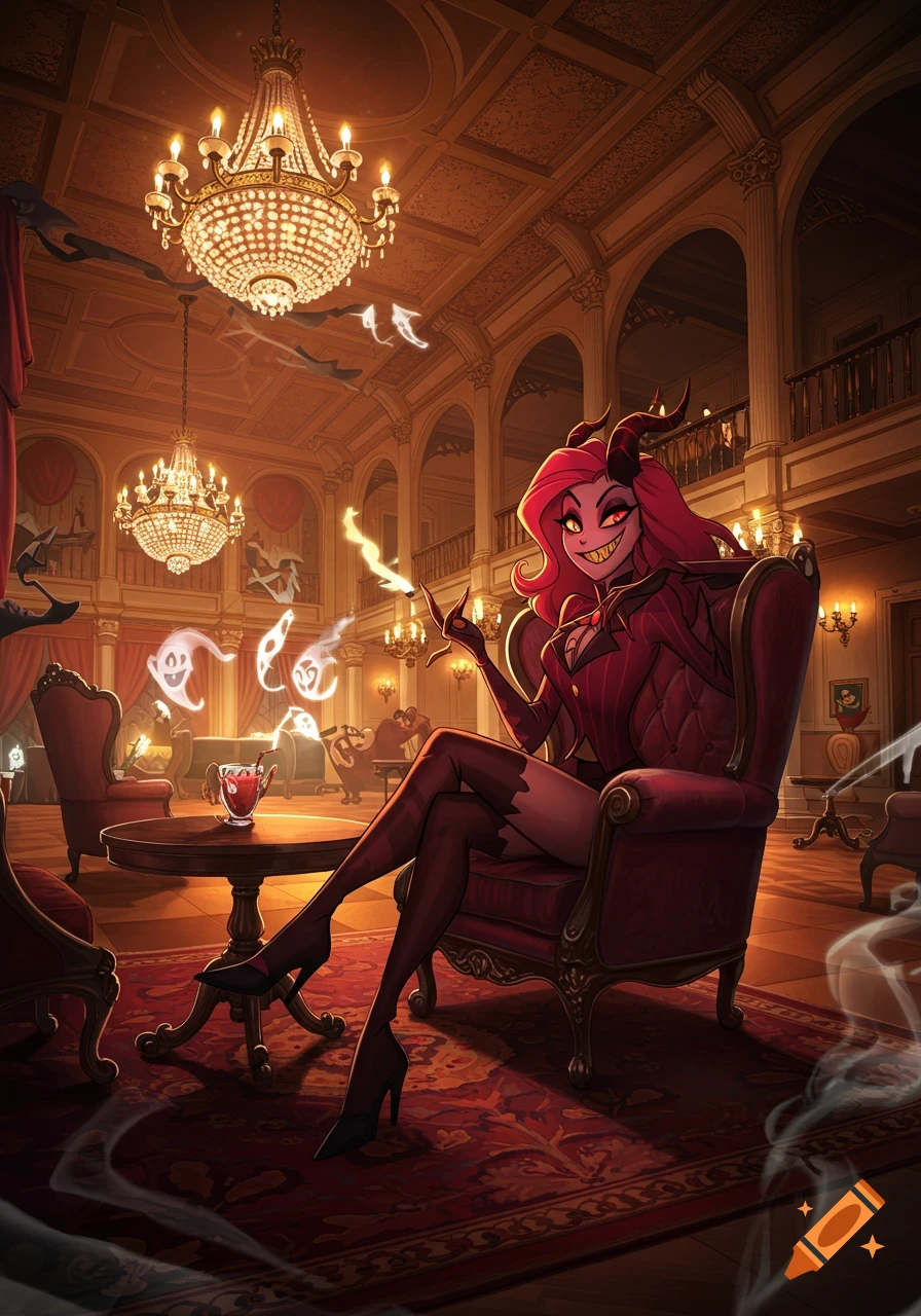 A cartoon demoness with pink hair and horns sits in an elegant room with chandeliers, smiling wickedly, as ghosts float around.