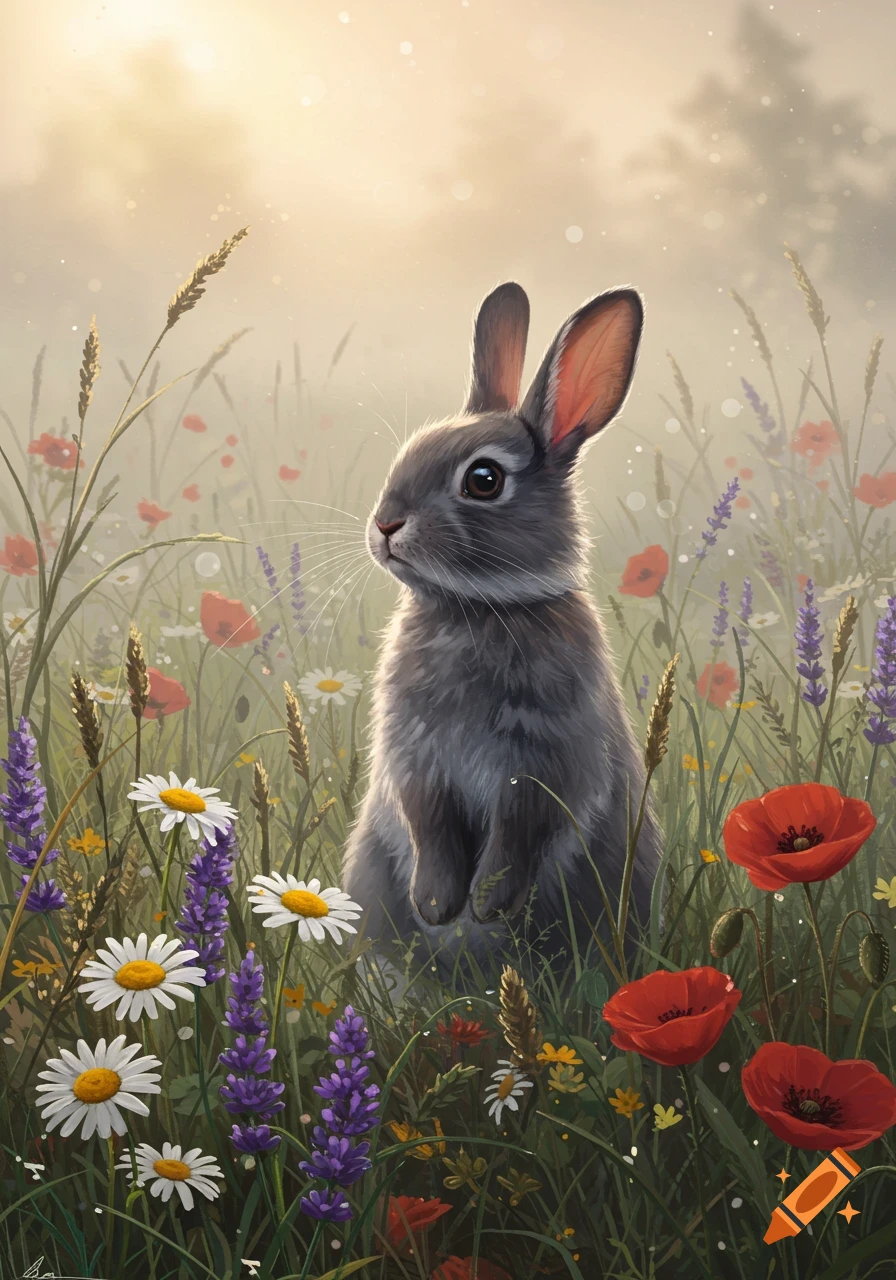 A cute gray rabbit stands in a sunlit meadow among red poppies, white daisies, and purple lavender flowers, in a stylized illustration.