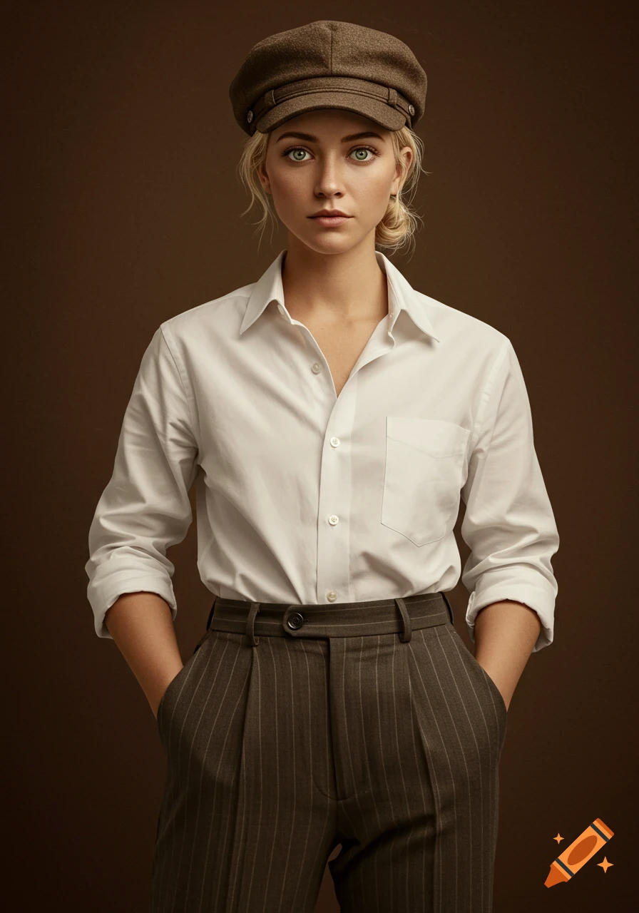 A young woman with blonde hair and green eyes, wearing a brown flat cap, white shirt, and pinstripe trousers, hands in pockets. Photorealistic.