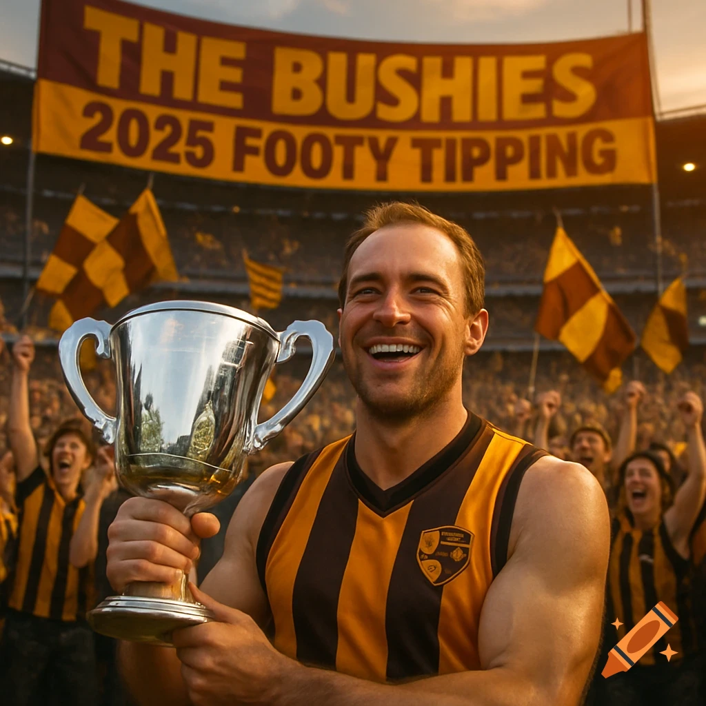 Smiling man in a Hawthorn FC jumper holds a trophy in a stadium with a cheering crowd and banner.