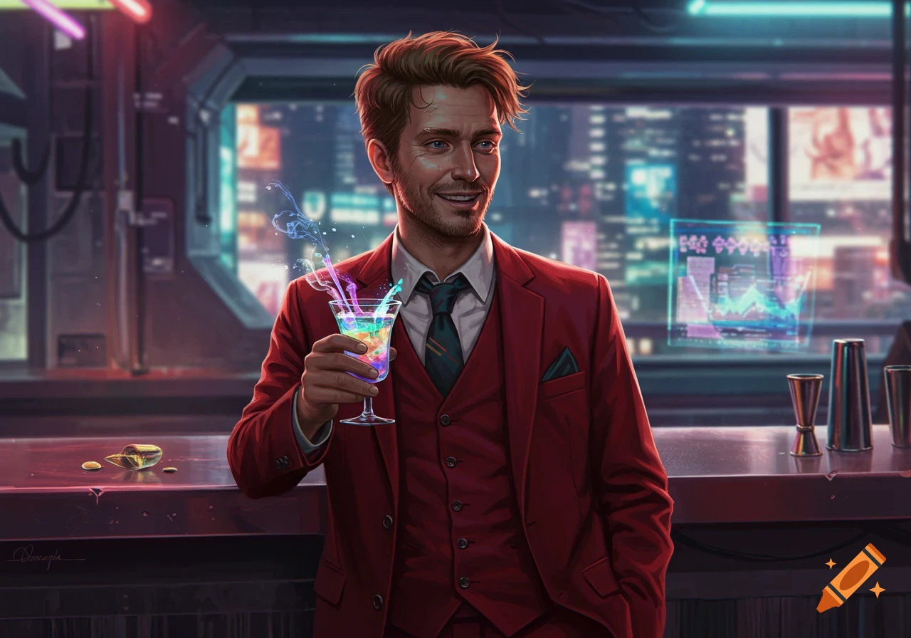 A scruffy man in a red suit holds a colorful, glowing cocktail at a cyberpunk bar with a holographic display.