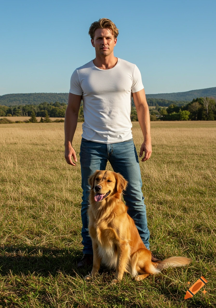 A man in a white t-shirt and jeans stands with a golden retriever dog in a sunny field with hills in the background.
