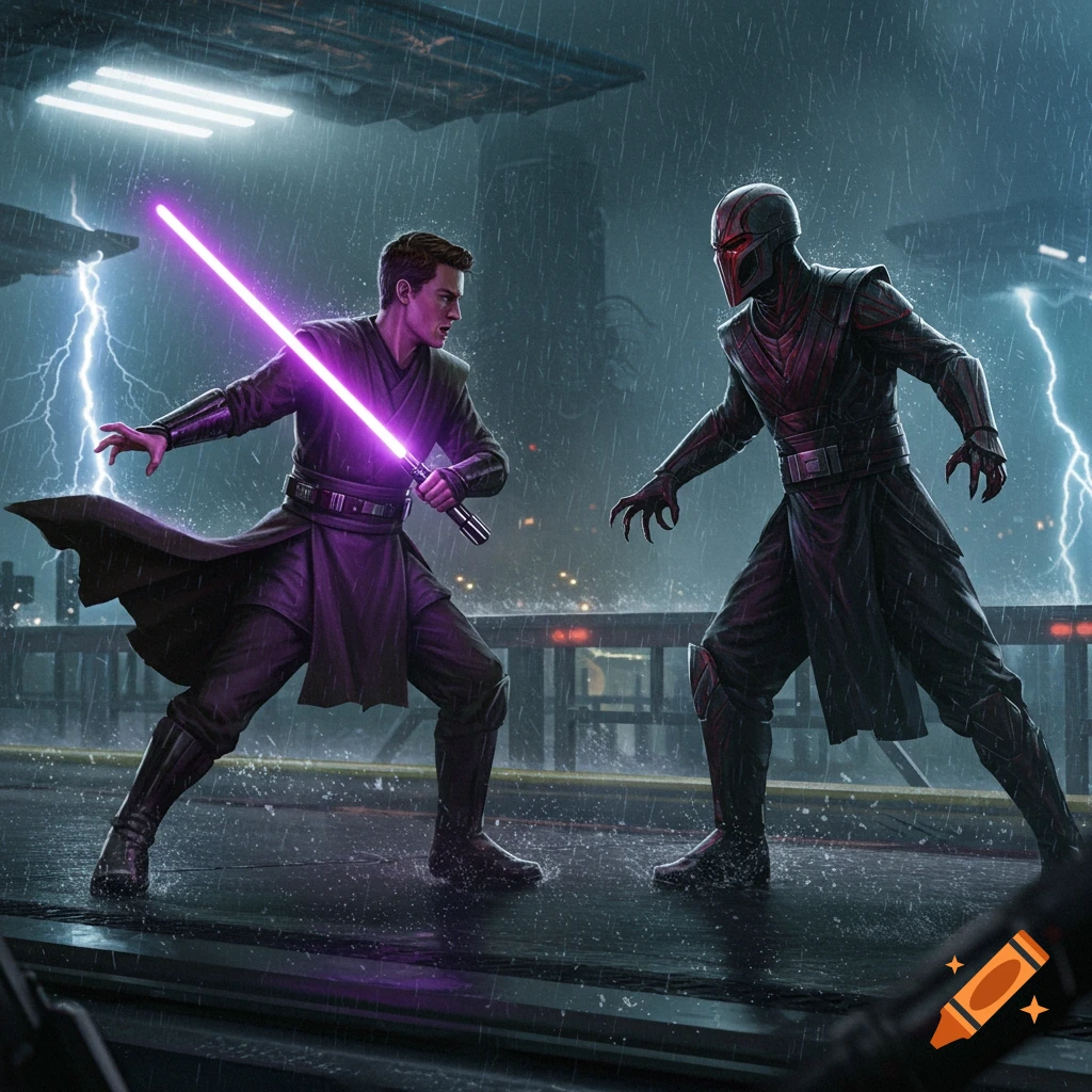 A Jedi with a purple lightsaber duels a masked Sith-like figure on a futuristic bridge in a rainstorm with lightning.