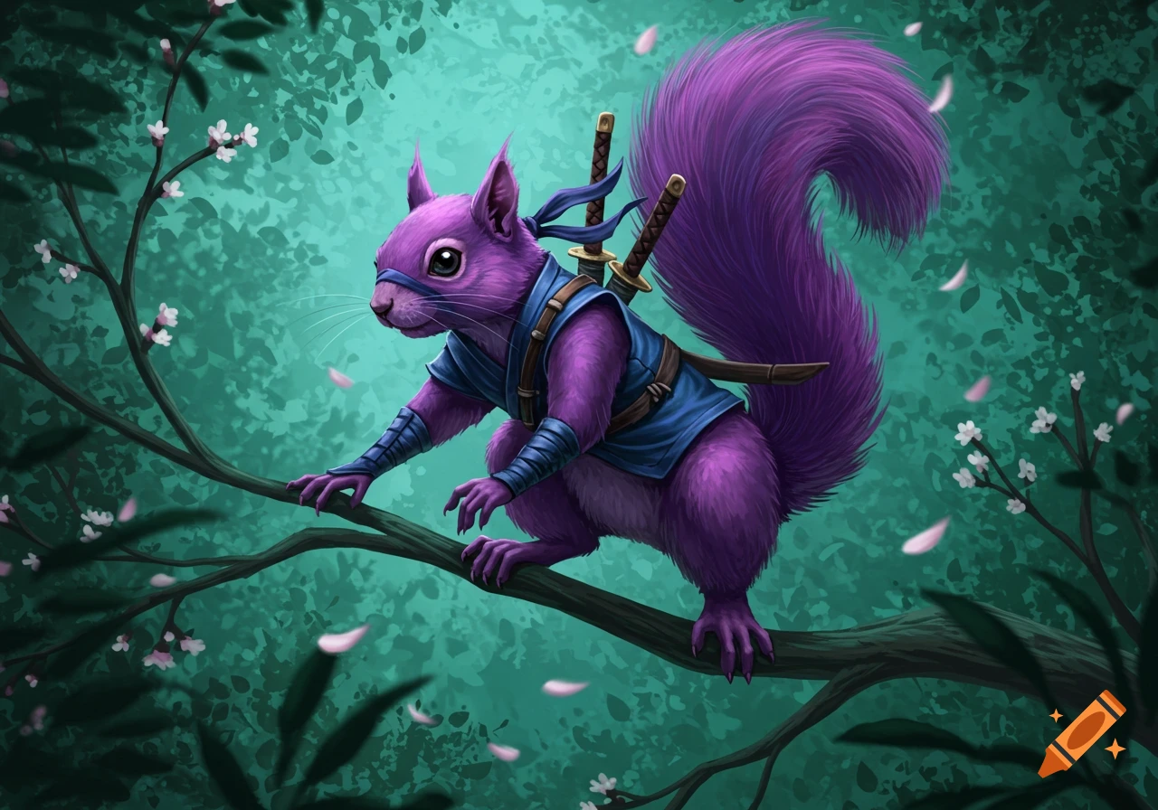 A vibrant purple ninja squirrel with katanas on its back, perched on a cherry blossom branch in a teal forest, digital illustration.