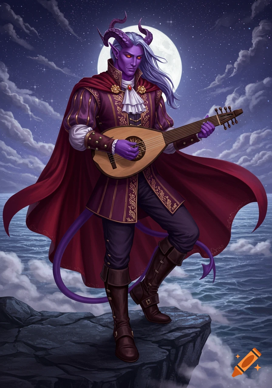 A purple-skinned Tiefling bard with horns and a tail, dressed in a red cloak and purple attire, plays a lute on a cliff edge under a full moon.