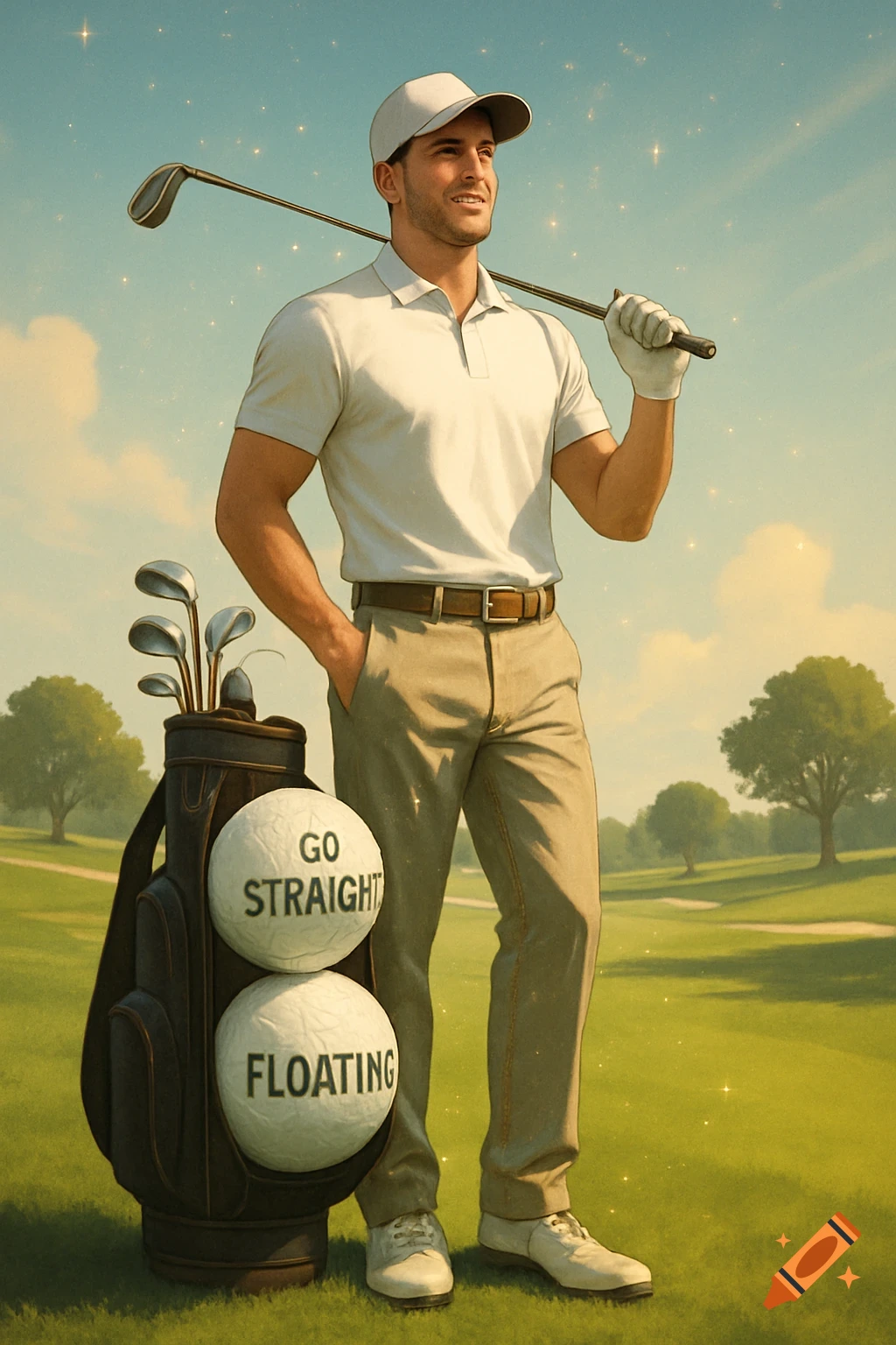 Semi-realistic illustration of a confident golfer holding a club on a sunny golf course, with golf balls labeled 'Go Straight' and 'Floating' in his bag.