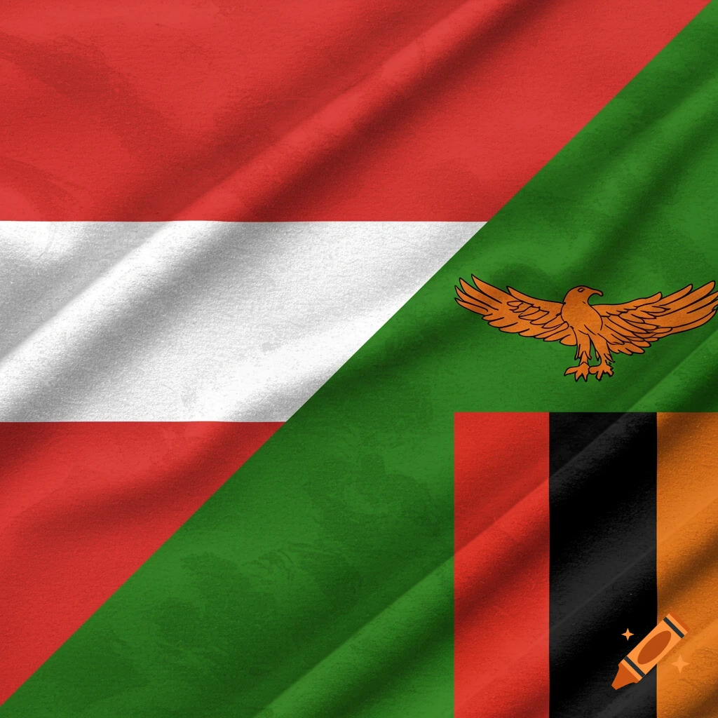 Combined flag of Austria and Zambia, diagonally split with wavy fabric texture.