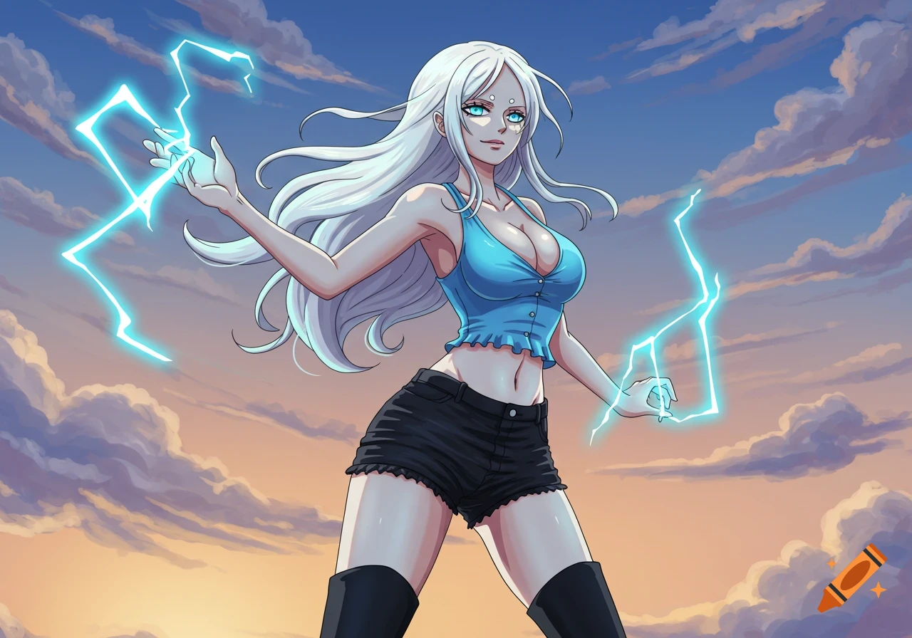 Anime art of a white-haired woman with blue eyes in a blue top and black shorts, wielding lightning against a cloudy sky.