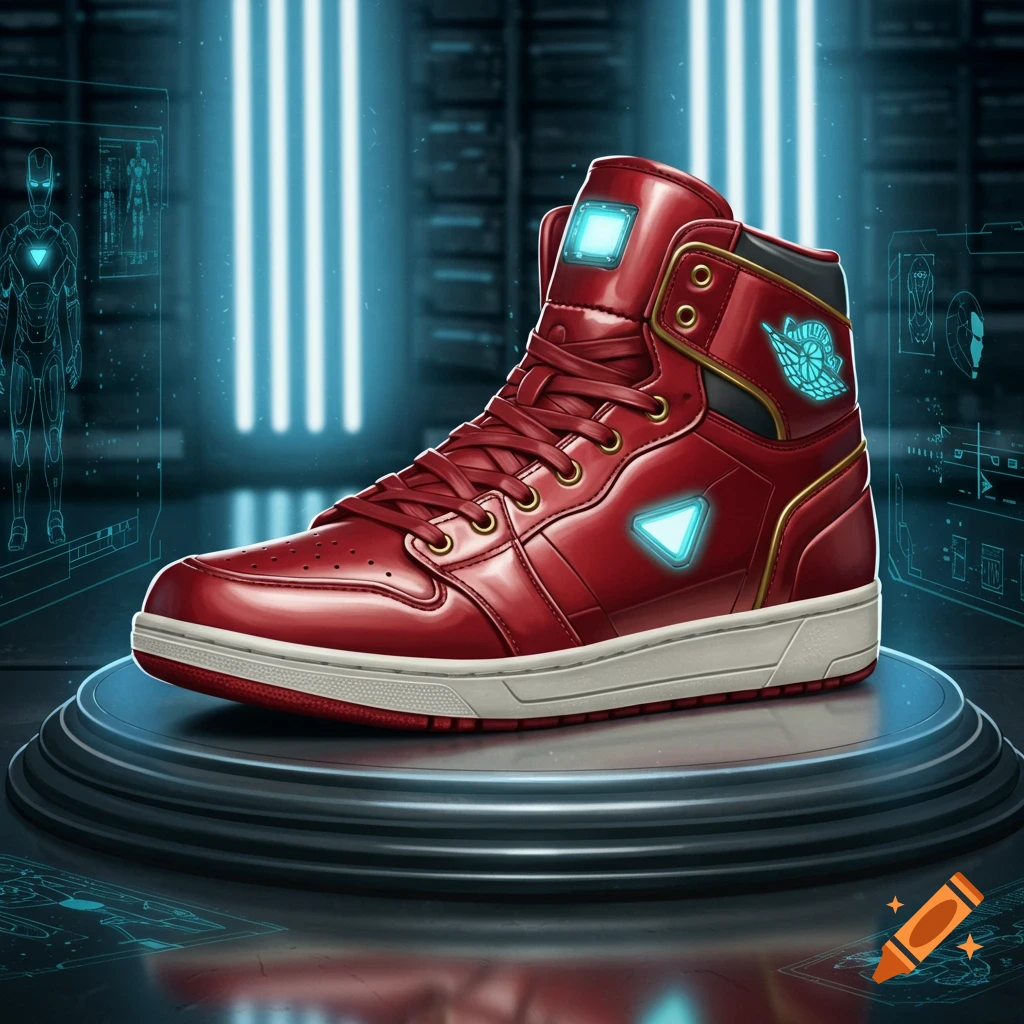 Red and gold high-top Iron Man-inspired sneaker with glowing blue details on a futuristic display platform.
