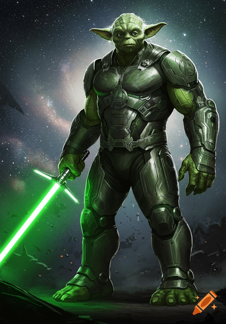 Muscular green Yoda-like figure in a futuristic battle suit with an Avengers logo, holding a green lightsaber in space.
