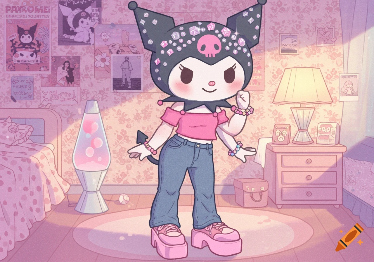 Kuromi in a pink top, jeans, and platform shoes stands in a pink bedroom with posters and a lava lamp, in a cartoon style.