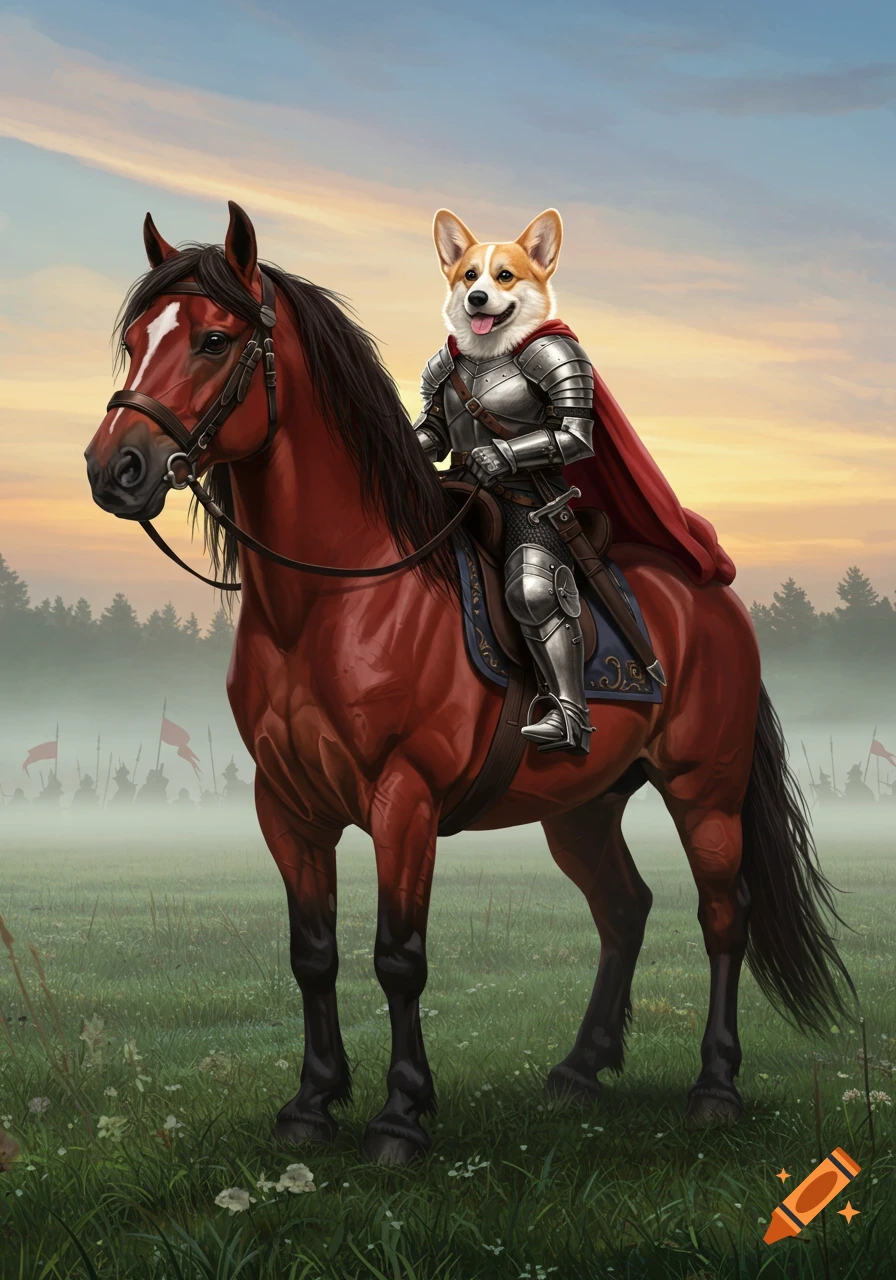 A happy corgi in shining knight armor with a red cape rides a brown warhorse through a misty field with soldiers in the background.