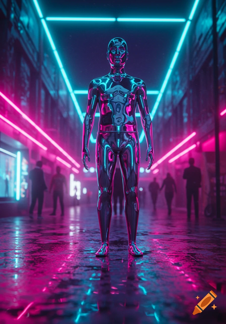 A chrome humanoid figure stands on a wet, reflective street lit by vibrant pink and blue neon lights in a futuristic city.