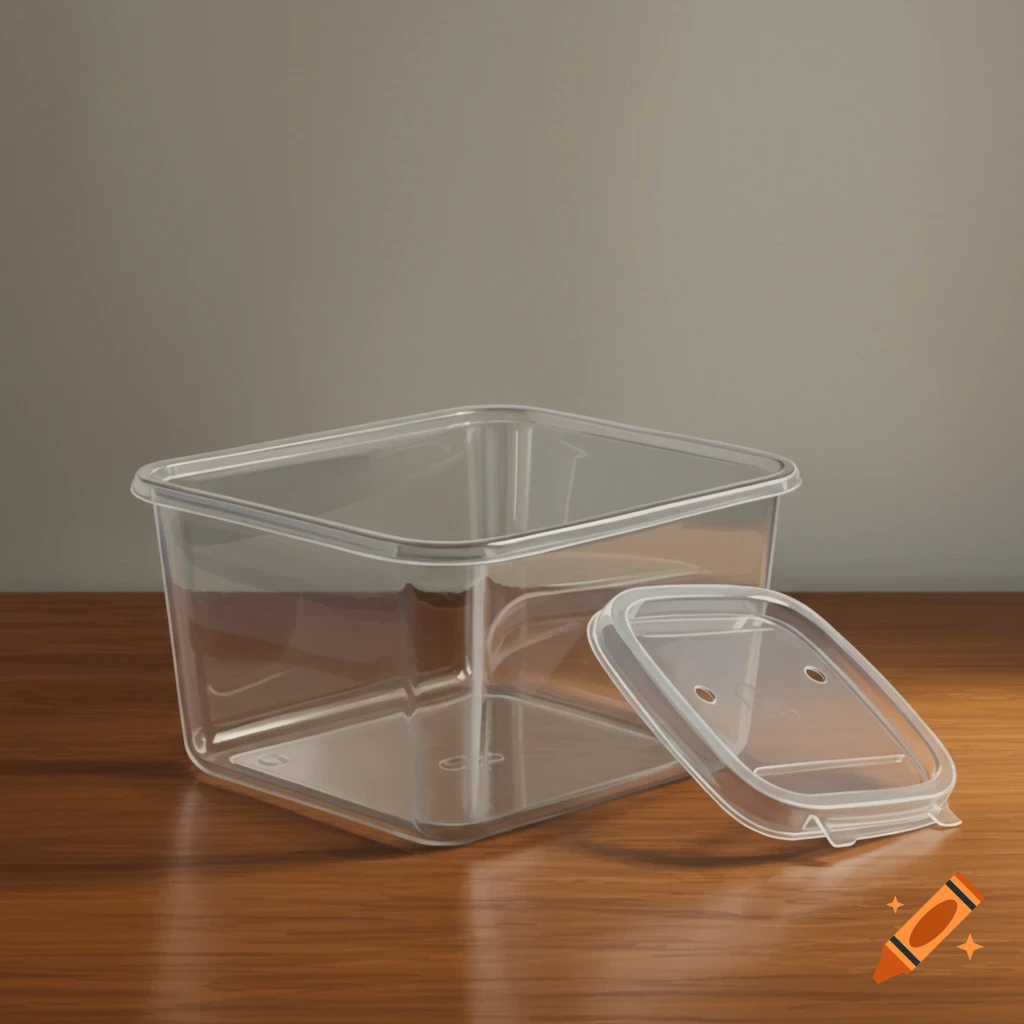 A clear plastic rectangular food storage container with its lid, featuring two small holes, next to it on a wooden table against a neutral background.
