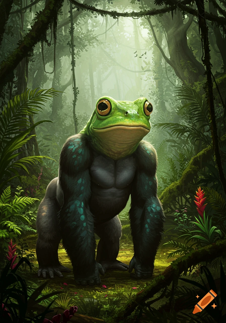 Fantasy depiction of a muscular gorilla body with a large green frog head, standing in a misty, lush jungle.