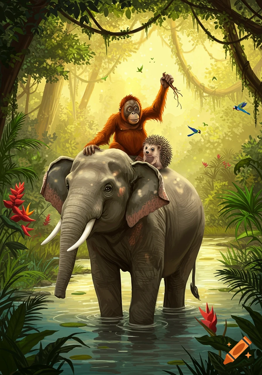An orangutan and a hedgehog ride on the back of an elephant wading through water in a vibrant, sunlit jungle illustration.