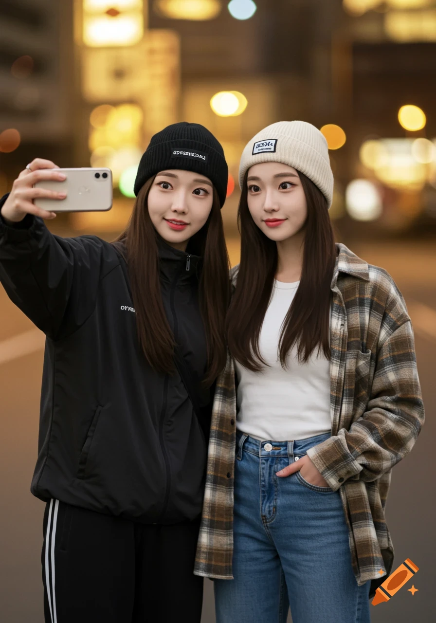 Two young women, dressed in beanies and casual outfits, smile while taking a selfie outdoors on a street with blurred lights in the background.
