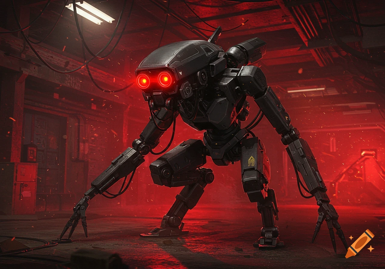 A menacing dark gray robot with glowing red eyes stands in a red-lit, gritty industrial setting.