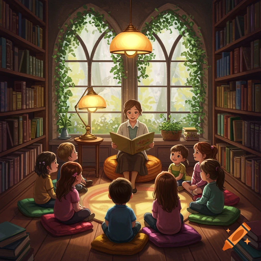 An illustration of a librarian reading a story to a group of children seated on cushions in a cozy library with large windows.