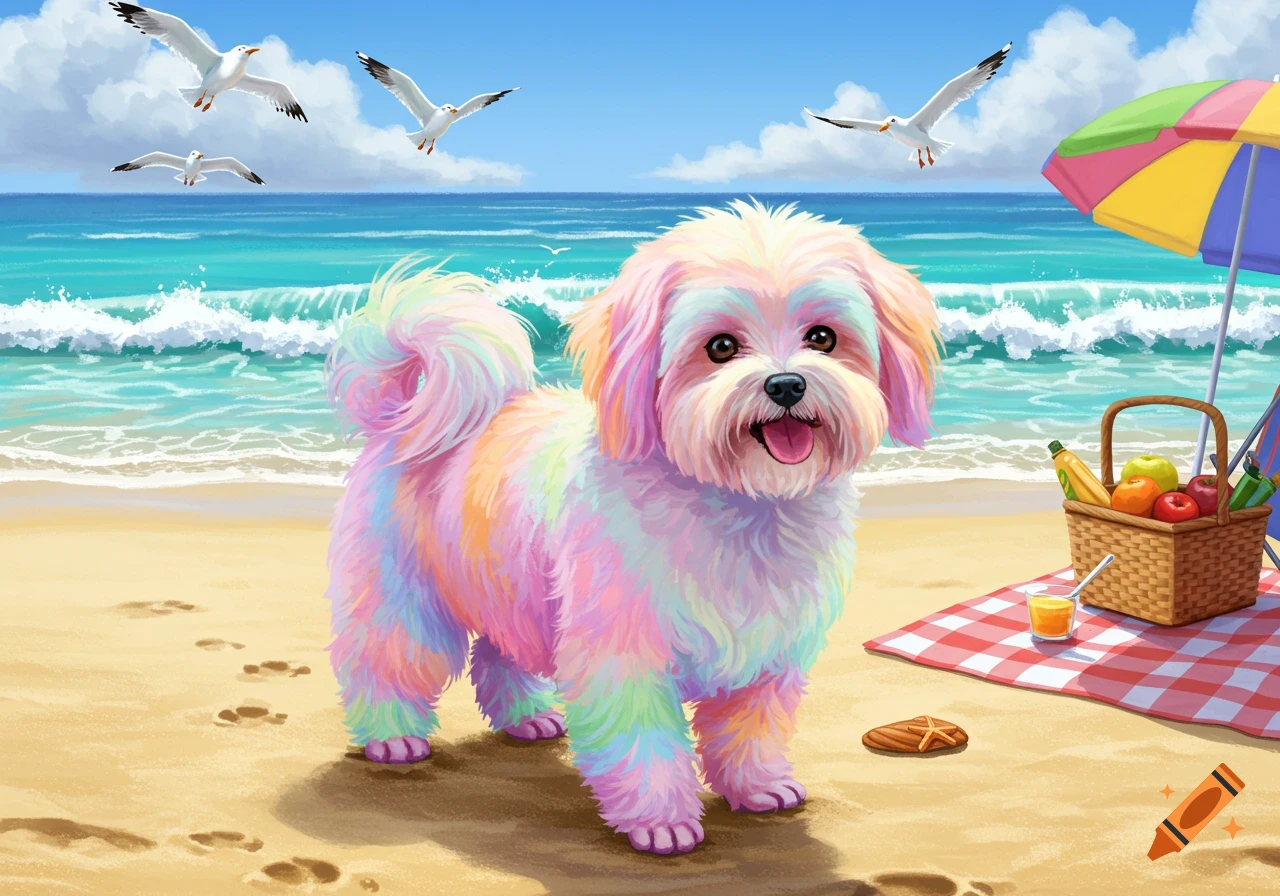 A vibrant rainbow-colored Bichon Frise dog stands on a sunny beach with ocean waves, seagulls, and a picnic umbrella.