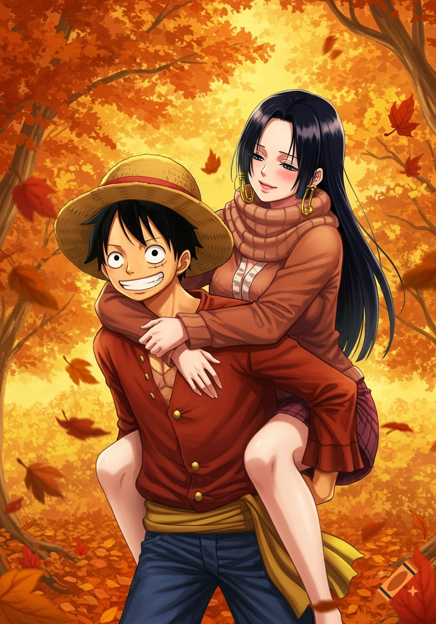 Anime style depiction of Luffy giving Hancock a piggyback ride in an autumn forest, both smiling with falling leaves.