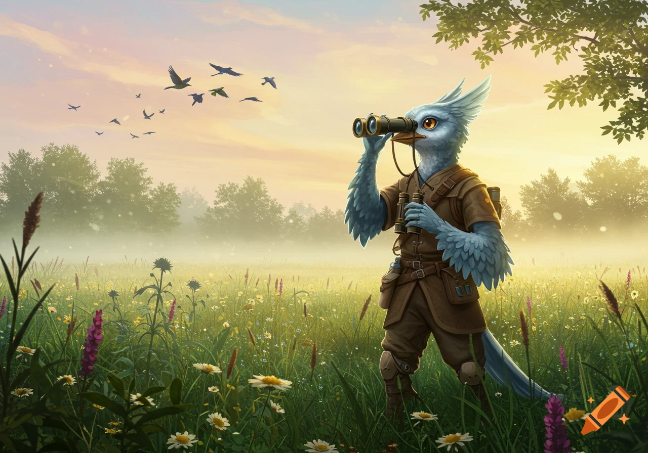 A blue feathered bird creature wearing brown clothes uses binoculars in a misty wildflower meadow with birds flying overhead.