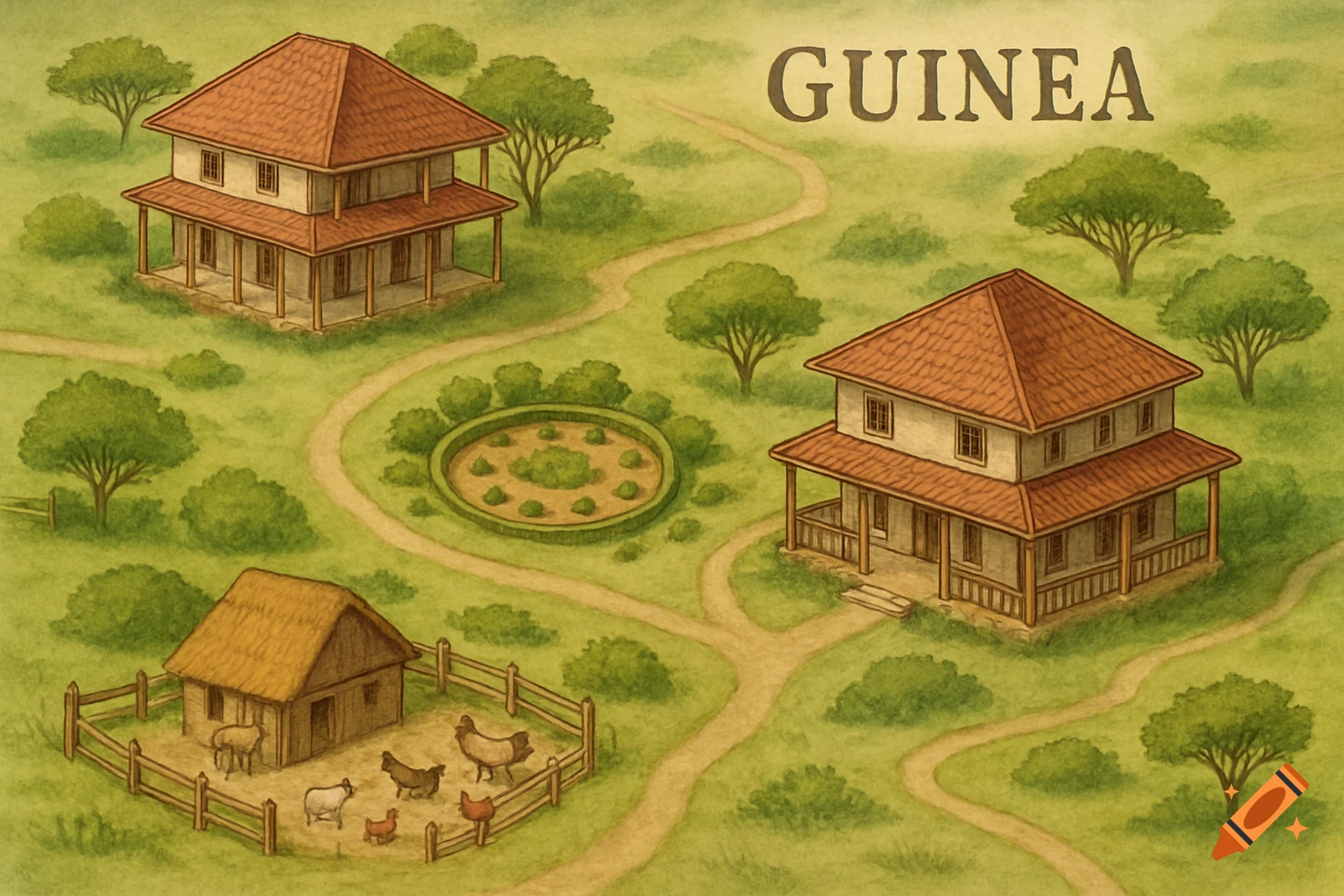 A stylized watercolor map of rural Guinea with two large houses, a circular garden, a small farm enclosure with animals, and winding paths.