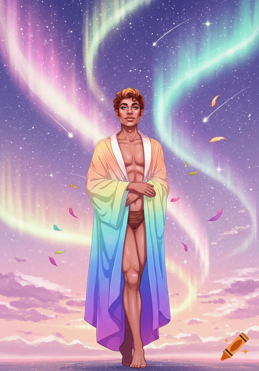 A stylized illustration of a person in an open rainbow-colored robe and brown briefs standing under a vibrant, starry night sky with colorful aurora borealis and floating leaves.