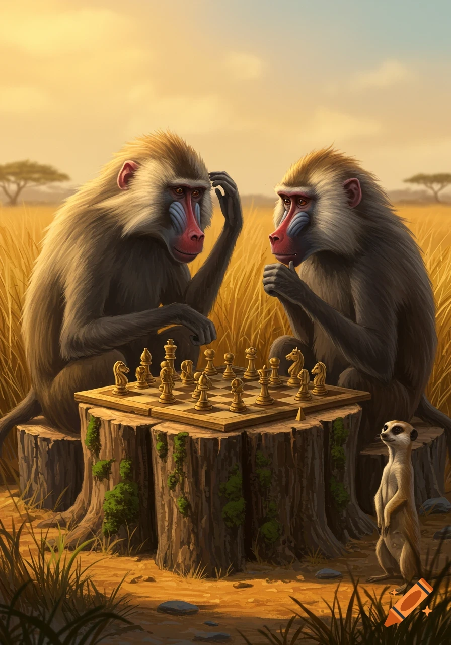 Two baboons play chess on tree stumps in a golden savanna, observed by a meerkat. Detailed illustration.