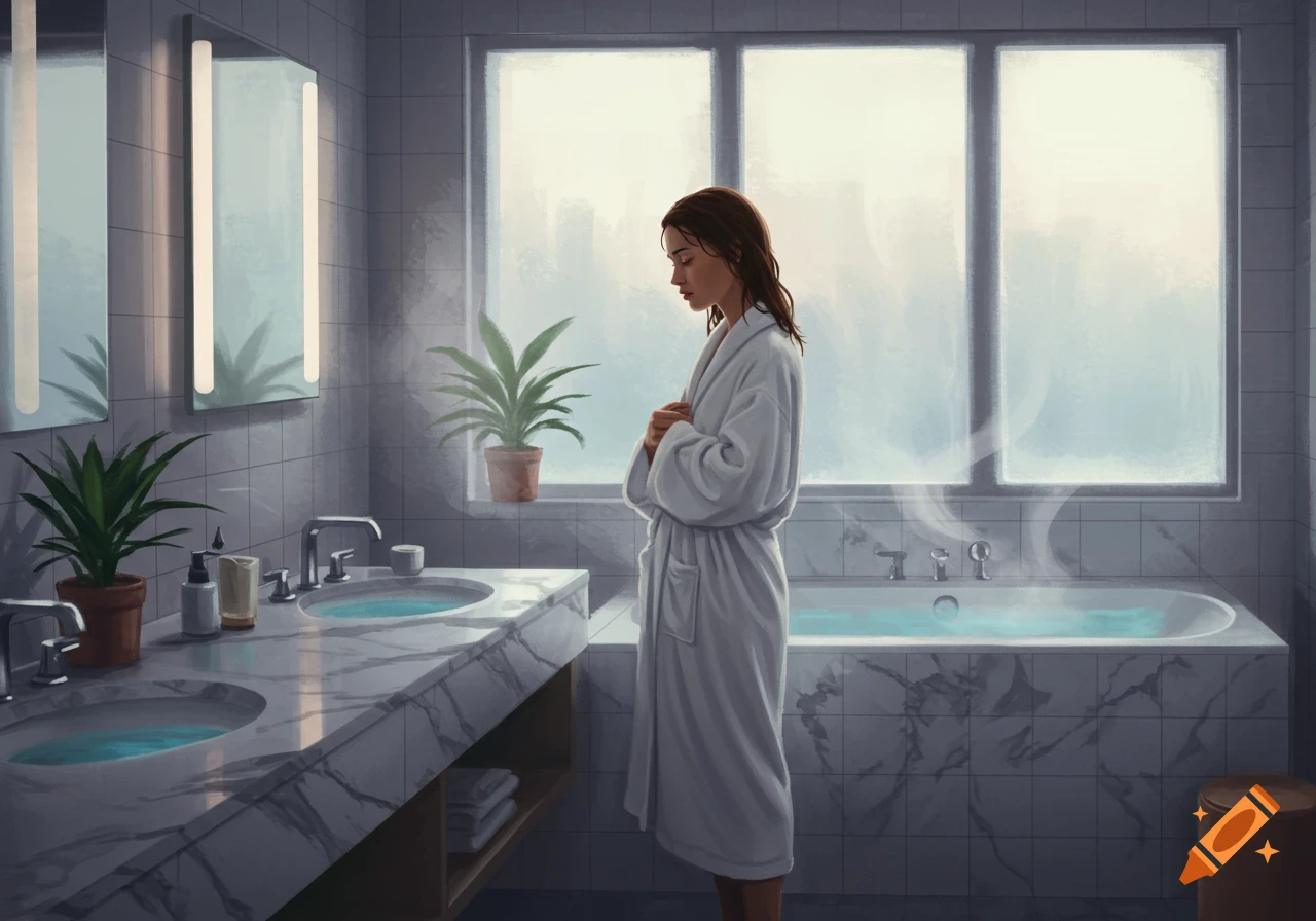An illustrated woman in a white bathrobe stands thoughtfully in a modern bathroom with two sinks and a steaming bathtub.