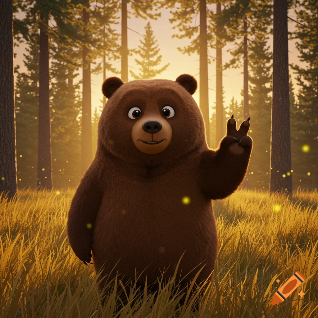 A cute cartoon grizzly bear stands in a sunny forest, making a peace sign.